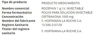 Rocephin 1g (ceftriaxone), polvo para solucin inyectable, lote L.525.