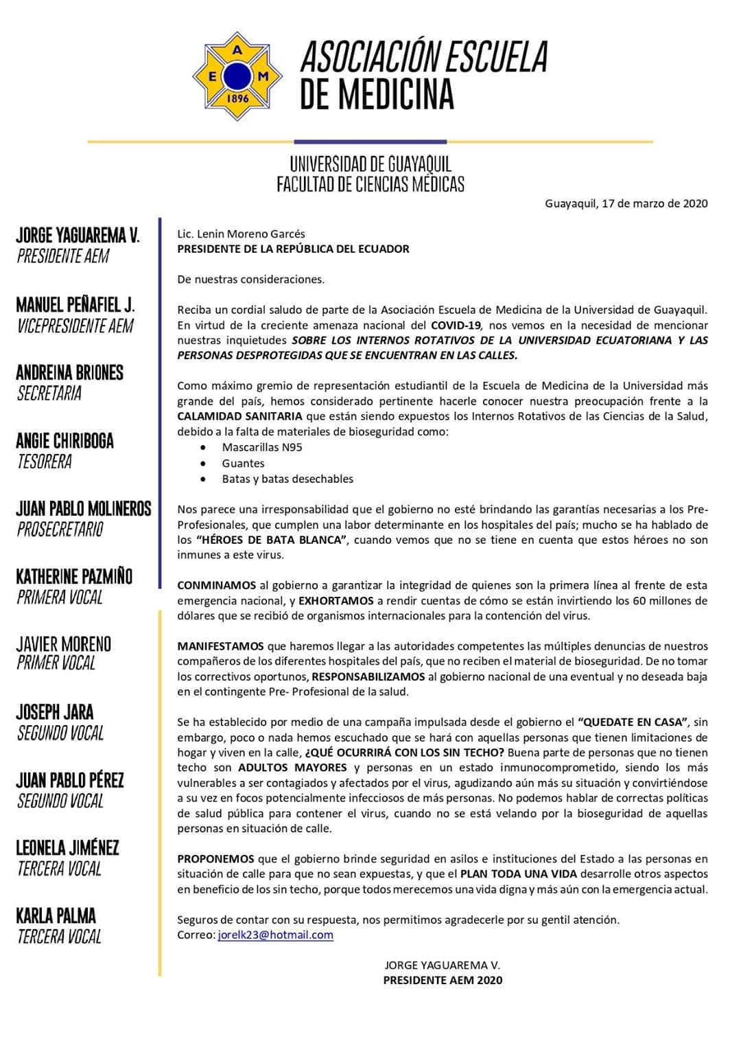 Comunicado de la Asociacin Escuela de Medicina de la Universidad de Guayaquil.