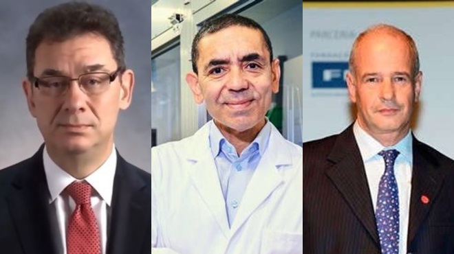 Albert Bourla, presidente y director general de Pfizer, Ugur Sahin, director general y cofundador de BioNTech, y Maur�zio Billi, presidente de Eurofarma.