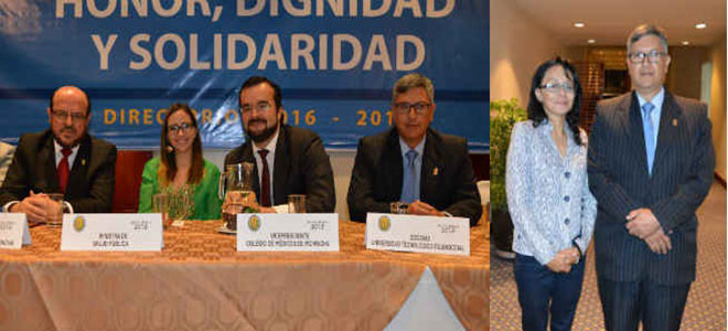 Santiago Carrasco, presidente del CMP, Vernica Espinosa, ministra de Salud, Juan Pablo Nuez, director de Desarrollo de Negocio y Clientes de Uniteco Profesional y Uniteco Ecuador, y Vctor lvarez, vicepresidente del CMP; Cristina Coello, periodista de Redaccin Mdica Ecuador, y Vctor lvarez, vicepresidente del CMP.