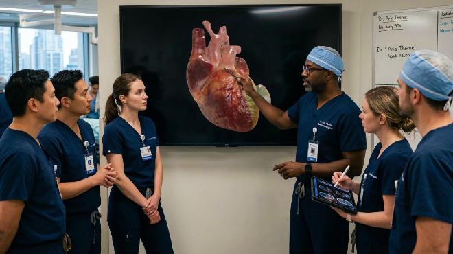 Cirujano cardiovascular liderando una sesi�n cl�nica formativa.